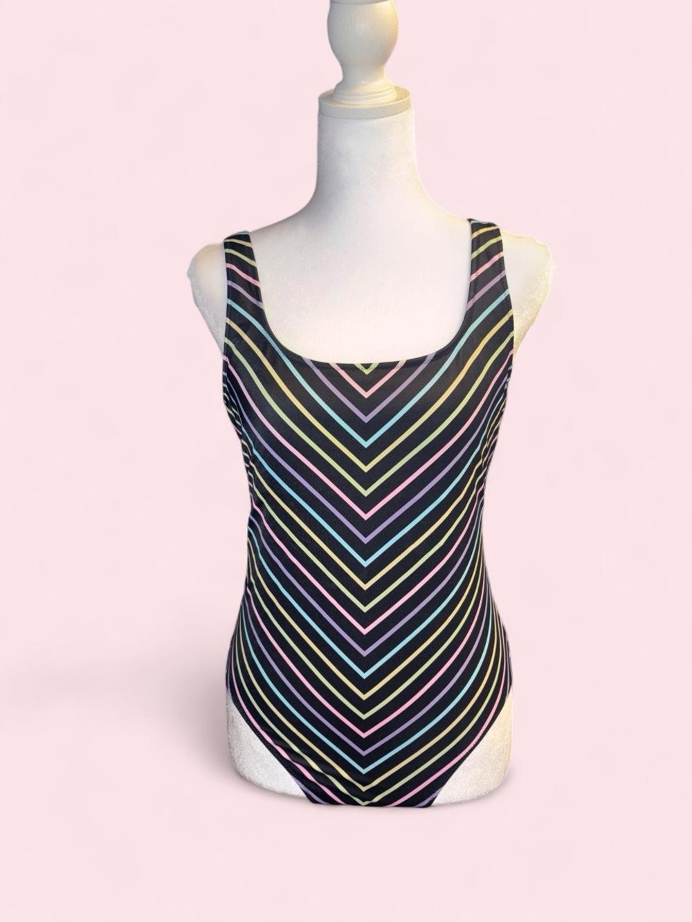 Classic Scoop Neck One-Piece Swimsuit in Black with Pastel Stripes